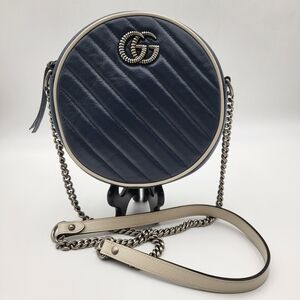 Gucci Navy Blue/White Marmont Quilt Leather GG Torchon Round Bag, Authentic...